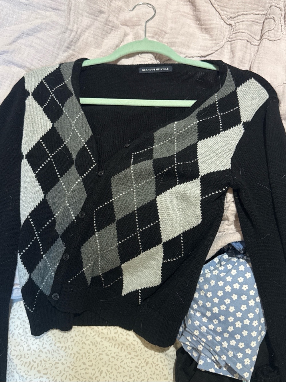 Brandy Melville Black & Gray Argyle Button Cardigan
